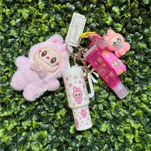 Cute Pink Plush Character Keychain Set for Kids